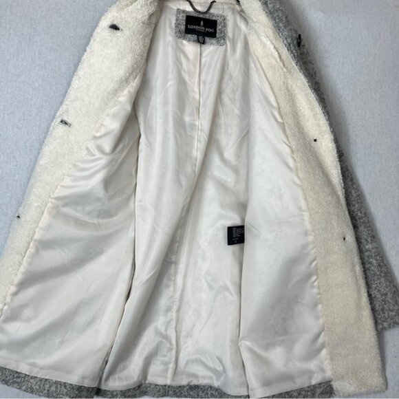 London Fog hooded sherpa wool blend long button front faux fur coat Sz S - Picture 6 of 11